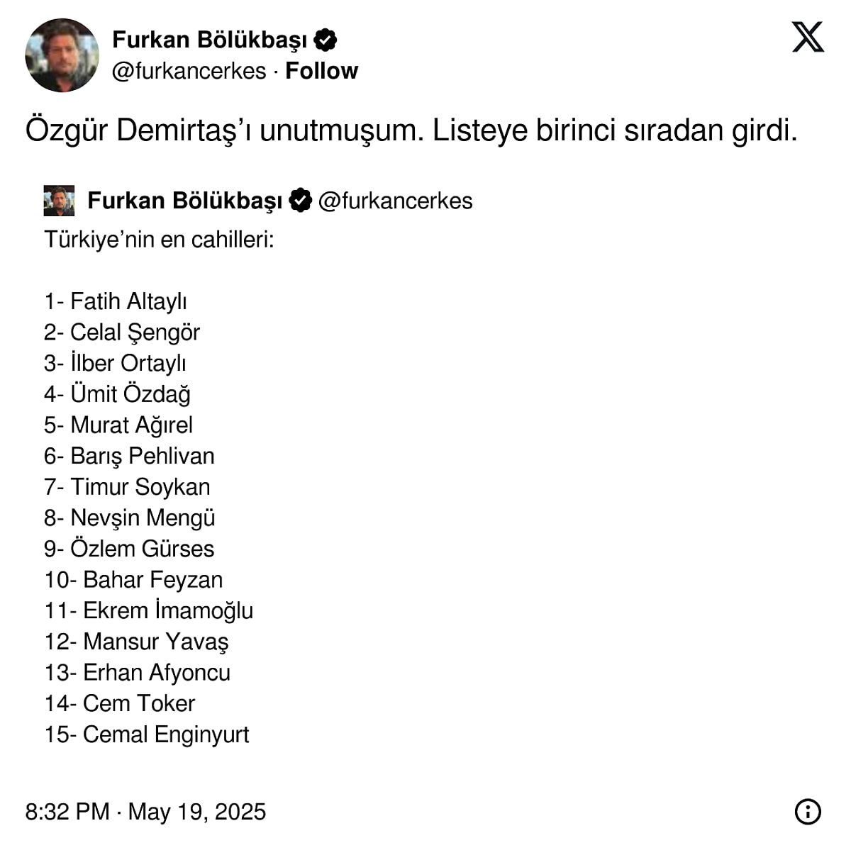 Furkan Bölükbaşı Cahiller Listesi